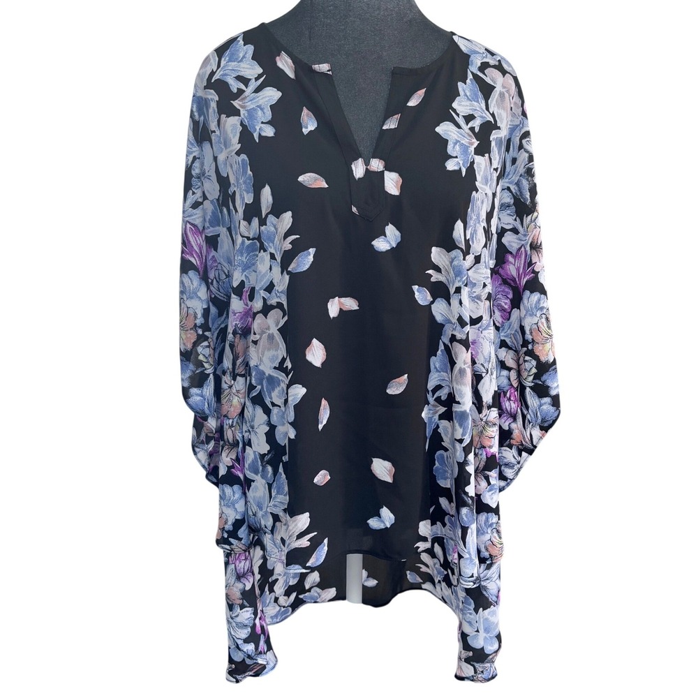 Peter Nygard Boho Romantic Flowy Floral Tunic Black Blue Purple Kimono Sleeve S
